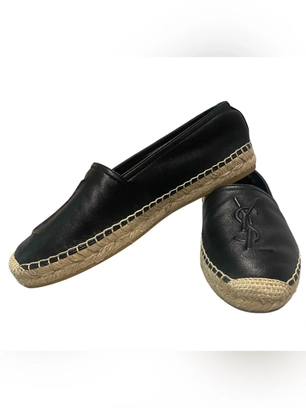 Saint Laurent Paris YSL Logo Black Leather Espadrille Flats 36.5